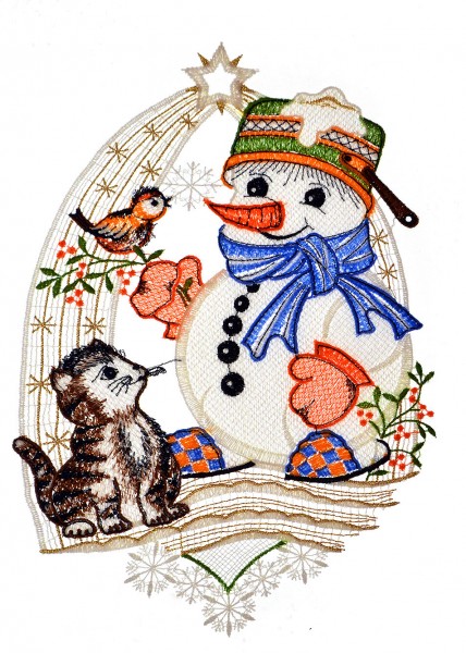 Fensterbild Schneemann und Katze
