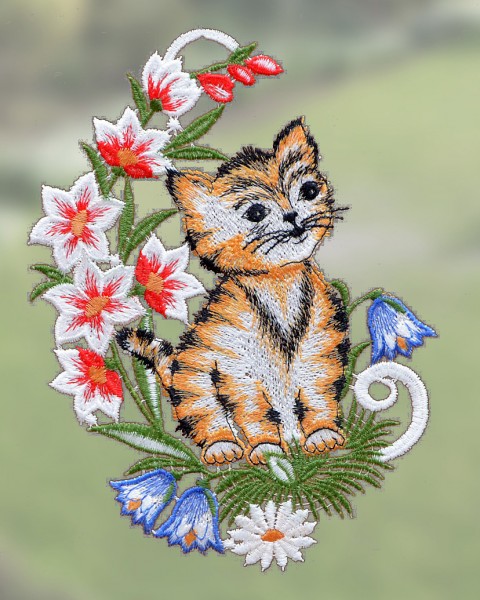 Fensterbild Katze mit Blumen